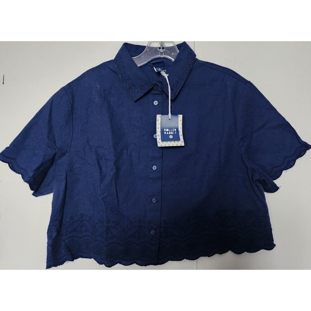 Roller Rabbit Target  Womens Blue Navy linen blend crop button up Top M NWT